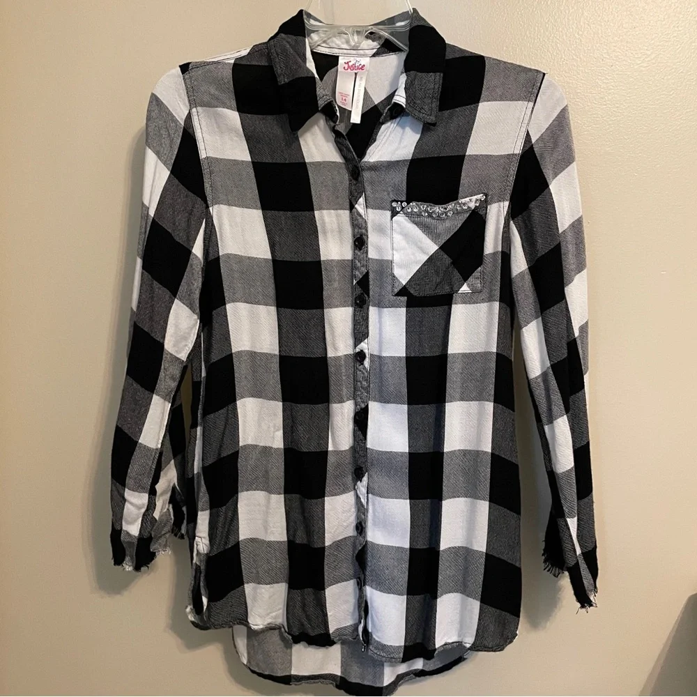Justice Black and White Plaid Button Down Shirt